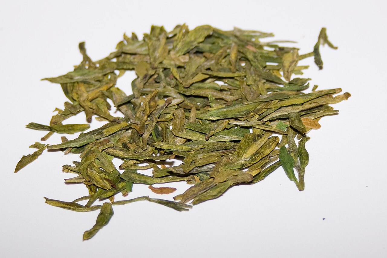 Dragonwell (Long Jing) green tea leaves